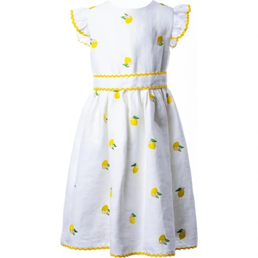 Sorci and Fofa Girls 6 Embroidered Lemon Flutter Sleeve Ric-Rac Linen Dress‎ - Picture 7 of 16